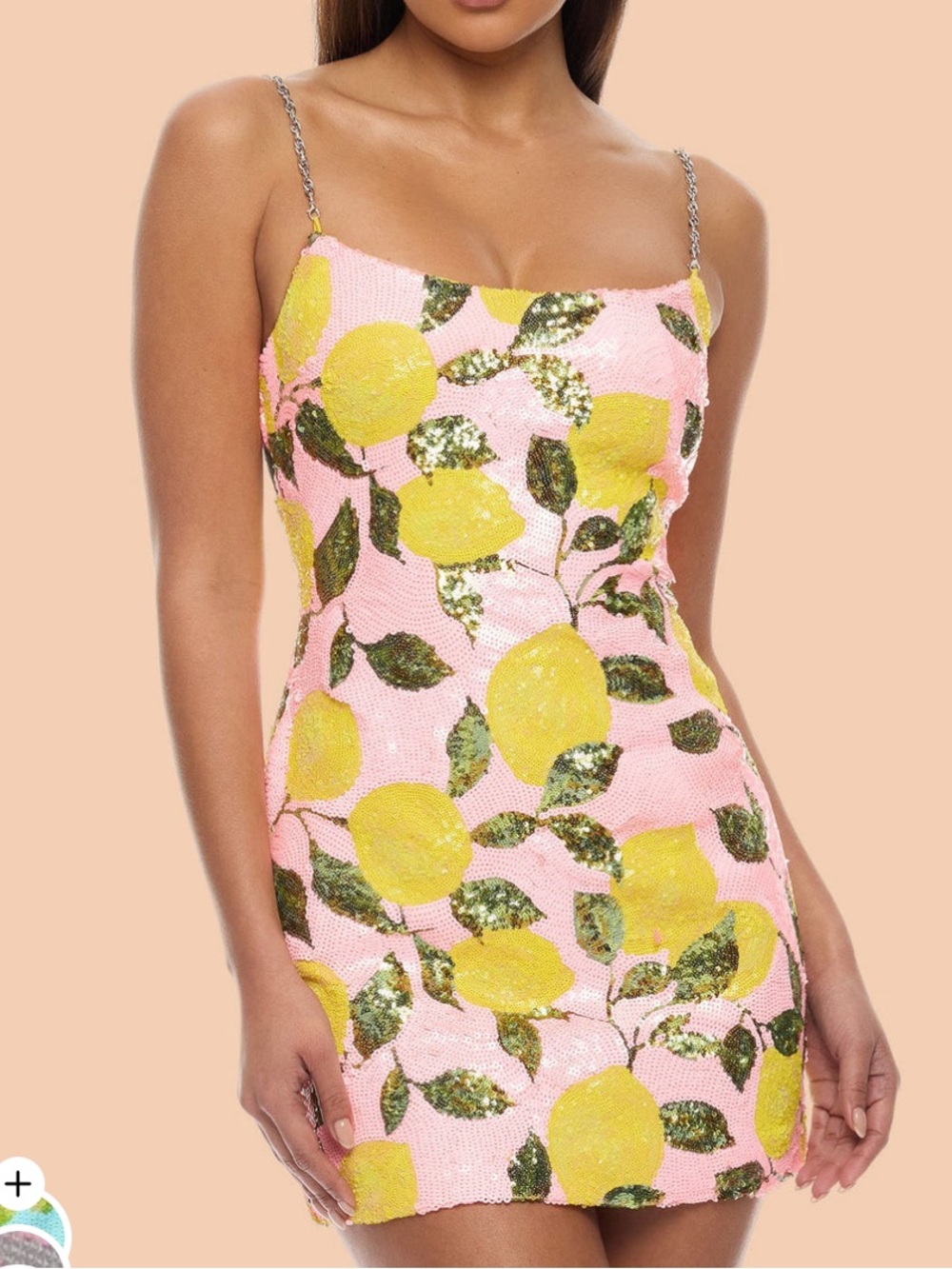 Fashion Nova Pink Sequin Mini Dress with Yellow Lemon Print